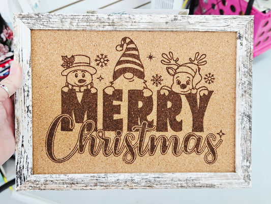 Engraved Merry Christmas Corkboard Gnome/White Frame