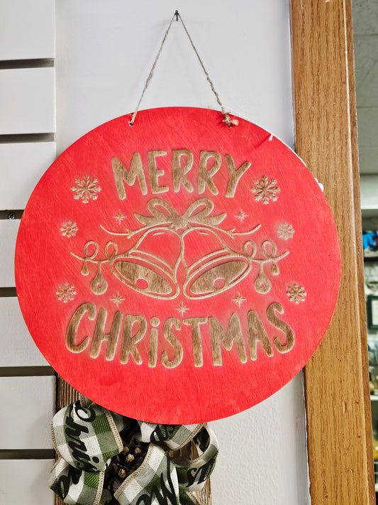 Engraved Merry Christmas Red Round Bell Wood Sign