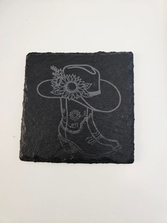 Cowboy Boot/Hat w/Sunflower Engraved Slate Coaster