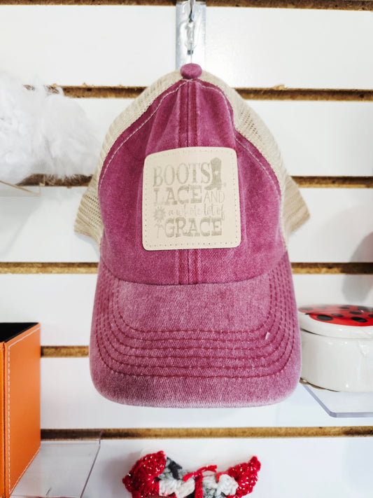 Baseball Cap Burgandy Mesh Boots Lace Grace