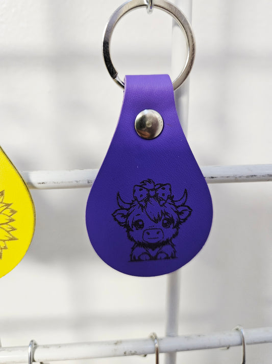 Purple Highland Cow Leather Keychains