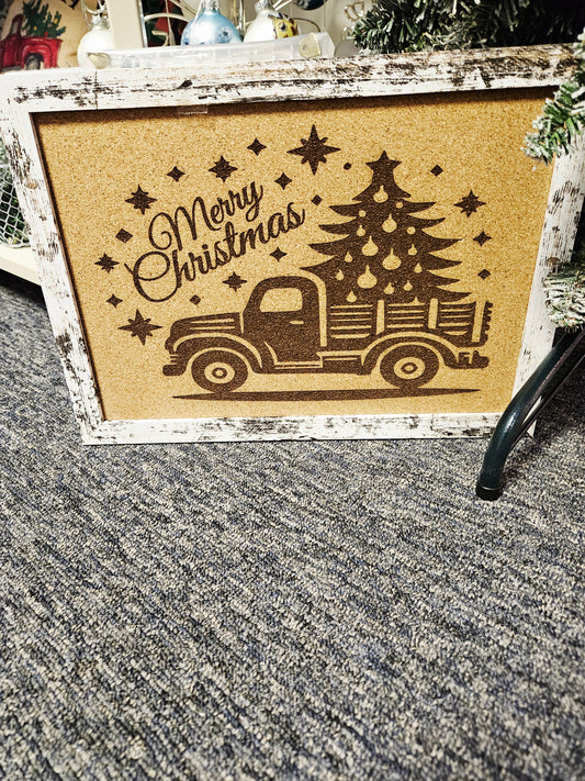 Engraved Merry Christmas Truck Corkboard White Frame