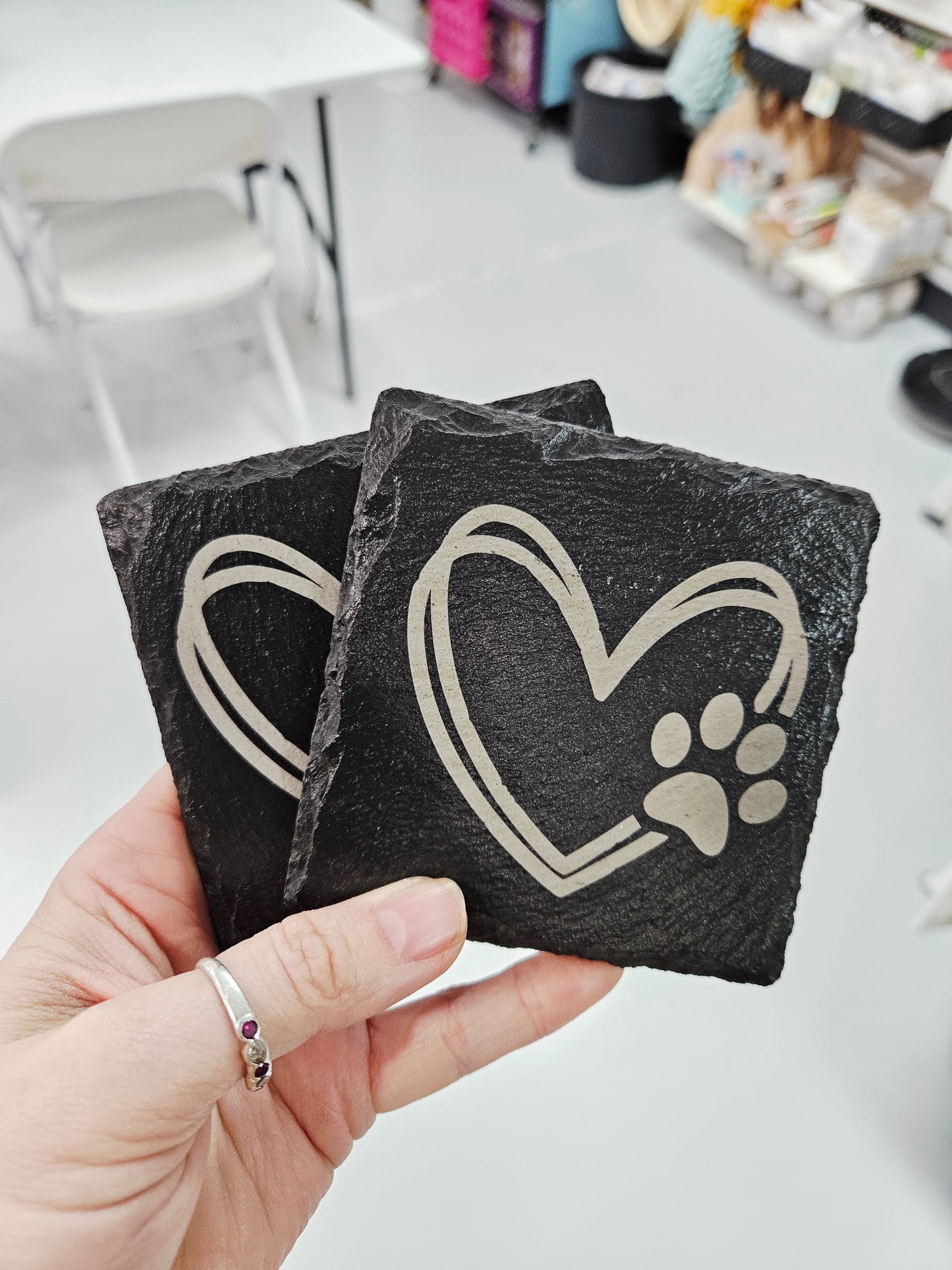 Heart Dog Paw Engraved Slate Coaster