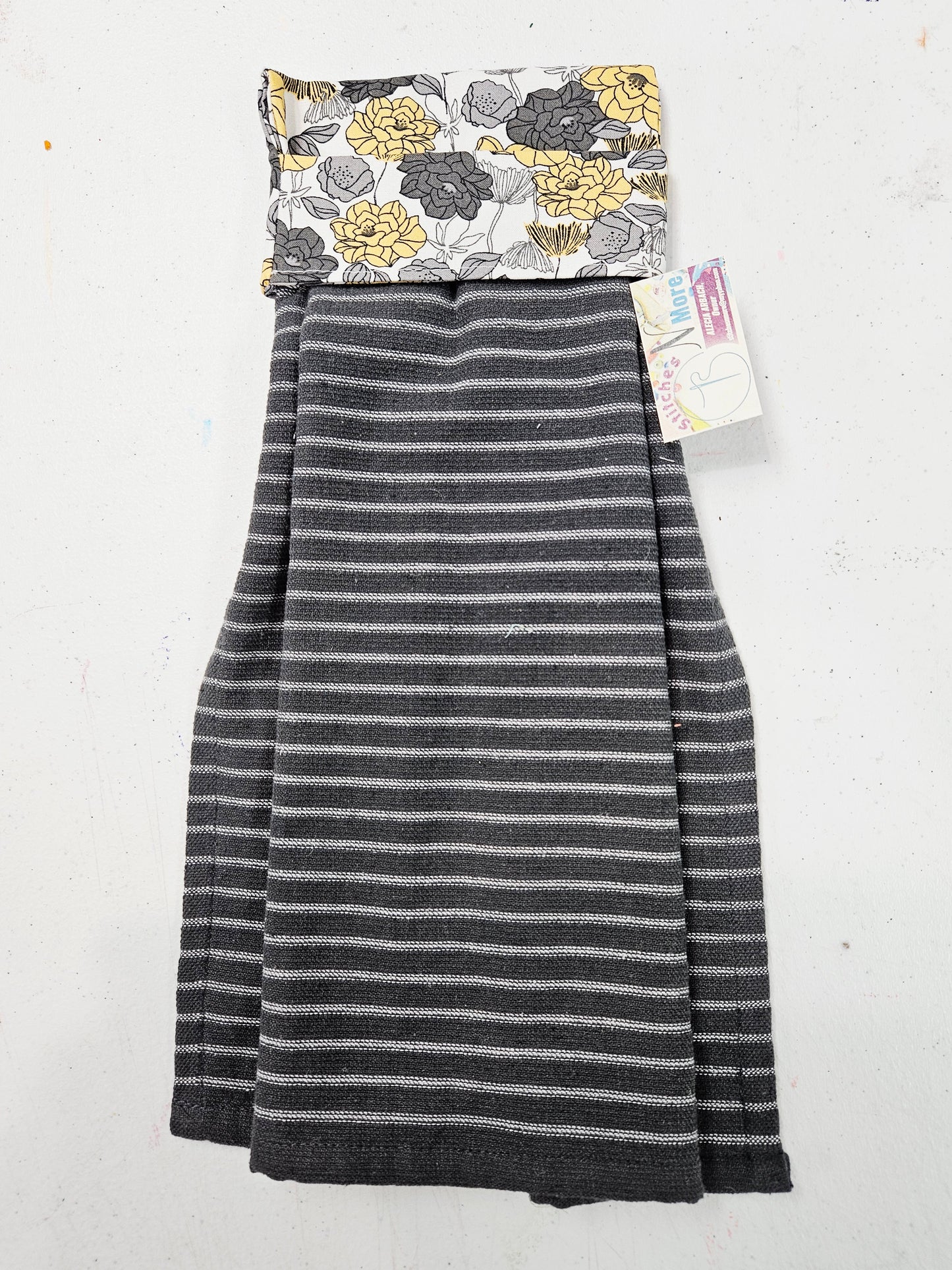 B&W Striped Towel w/Black & Yellow Flowers