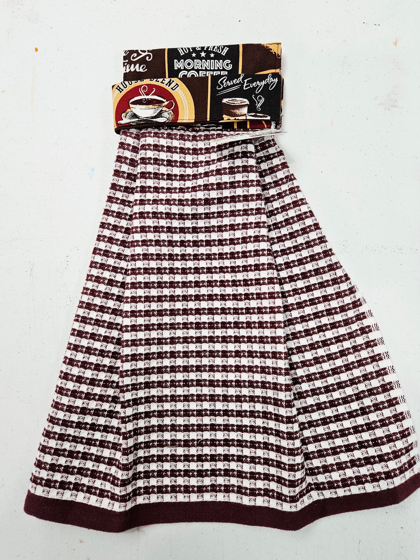 Maroon & White Towel w/Morning Coffee Topper