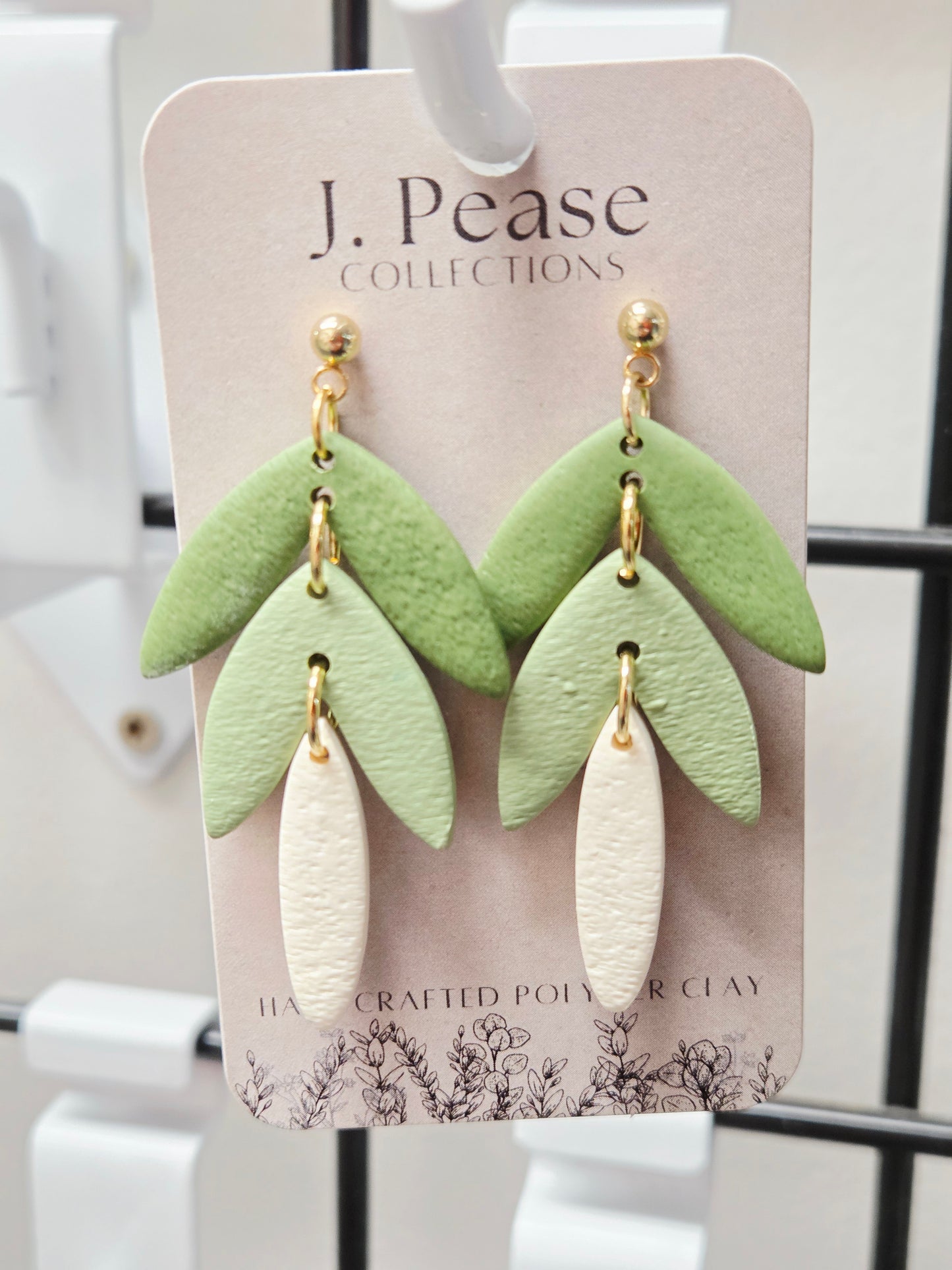 Green & White Leaf Dangle Earrings