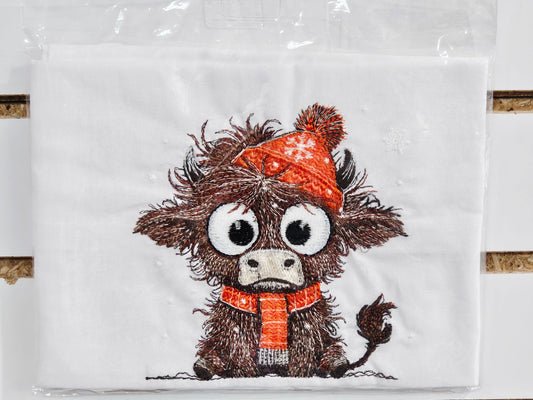 Winter Highland Cow Embroidered Tea Towel