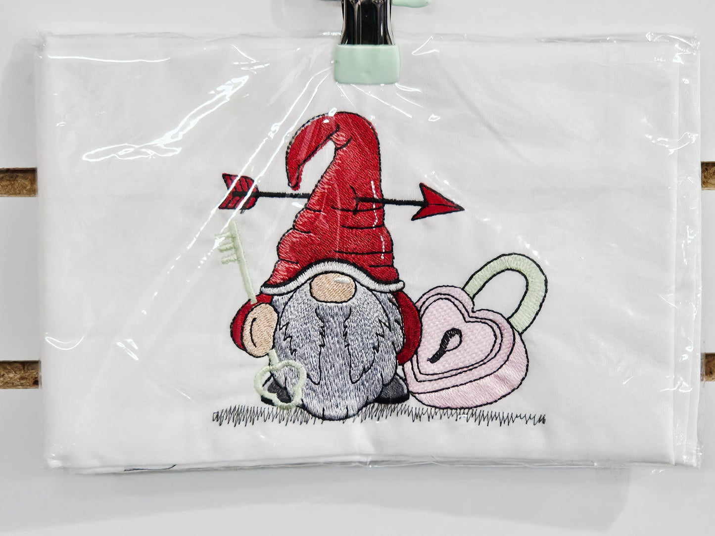 Valentines Gnome Embroidered Tea Towel