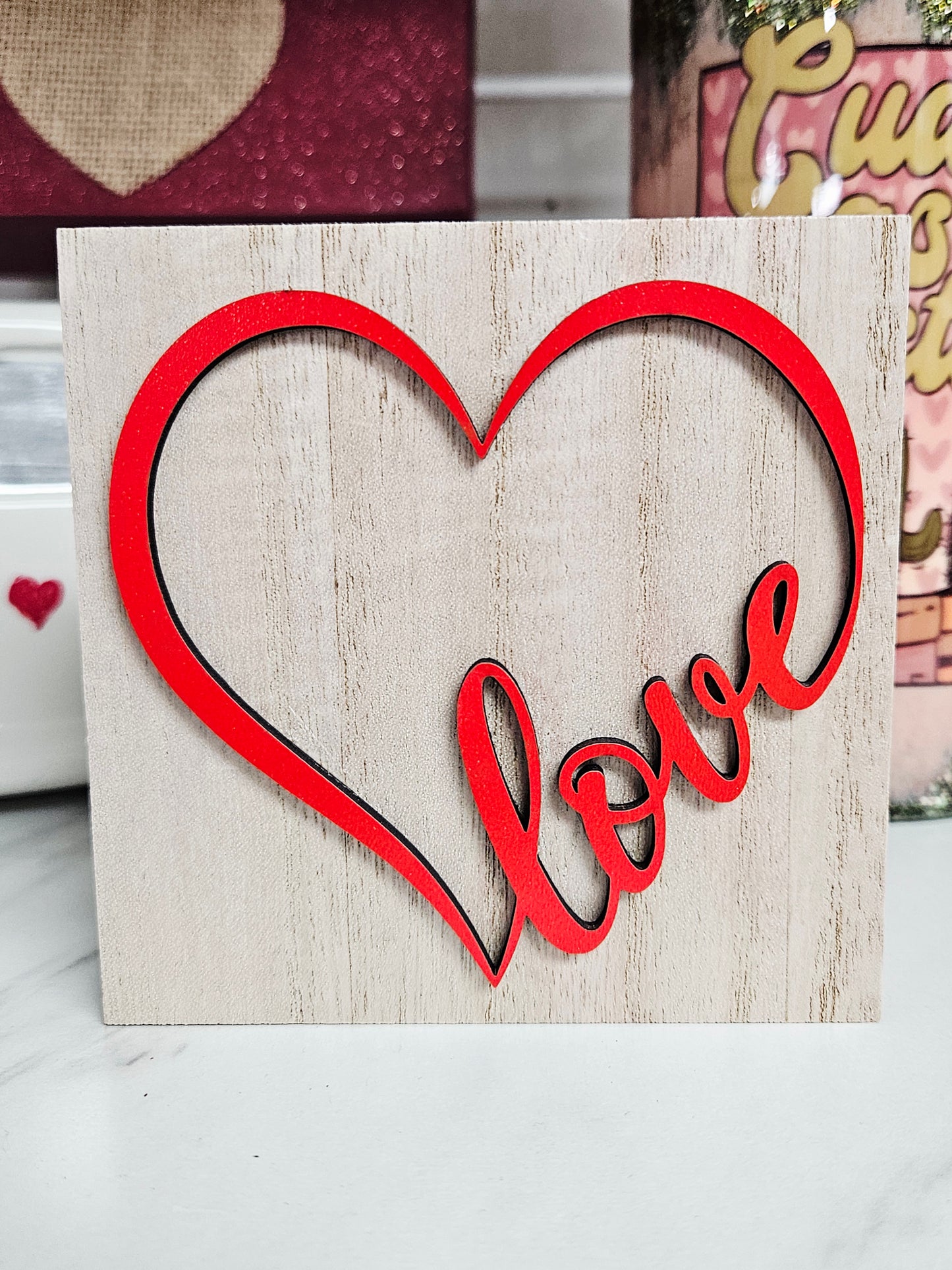 Wood Block w/Red Love Heart