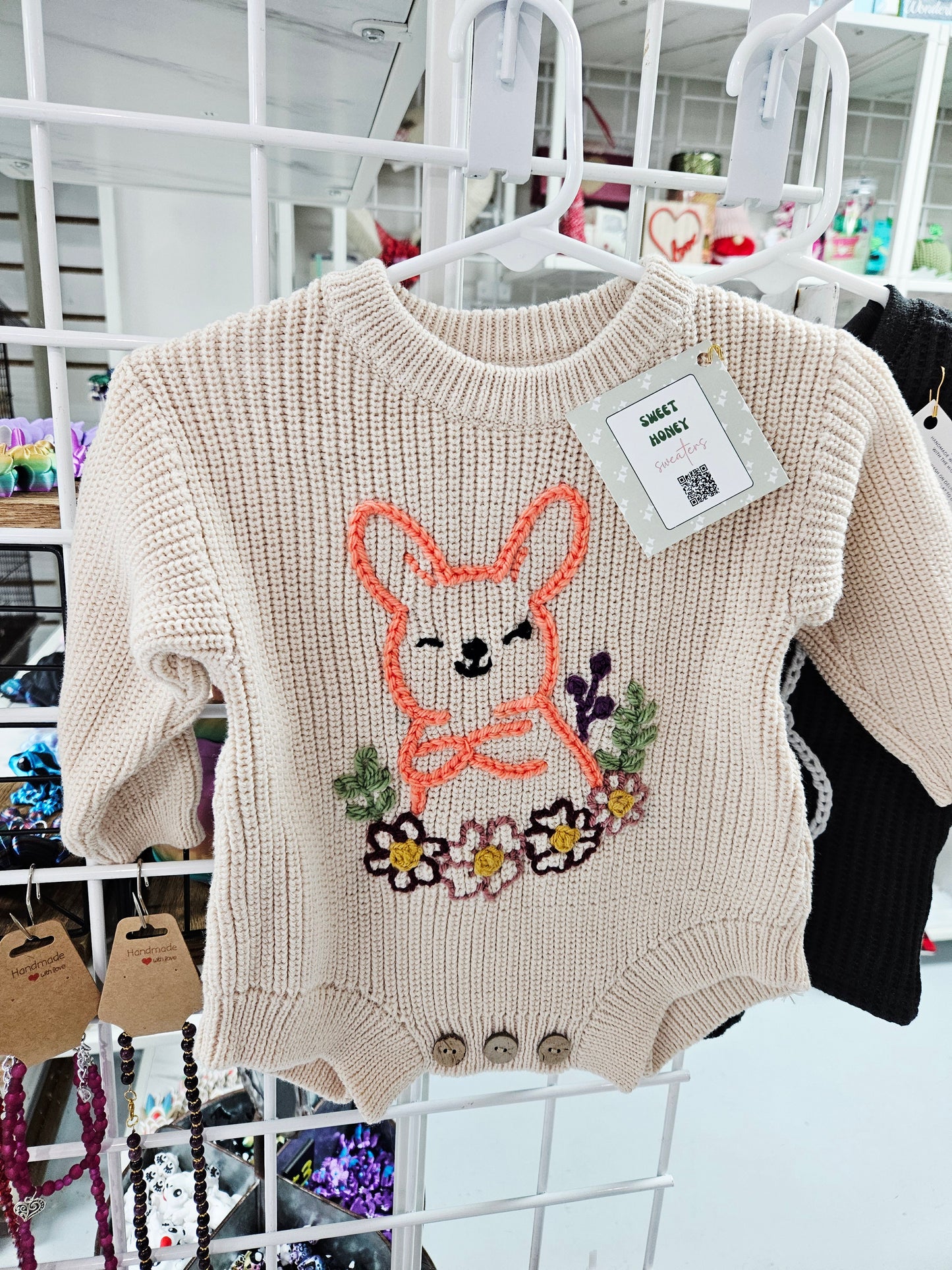 Tan Sweater w/Coral Bunny & Flowers 6-9 month