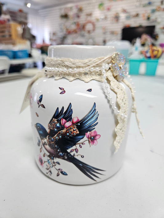 White Vase w/Birds & Flowers