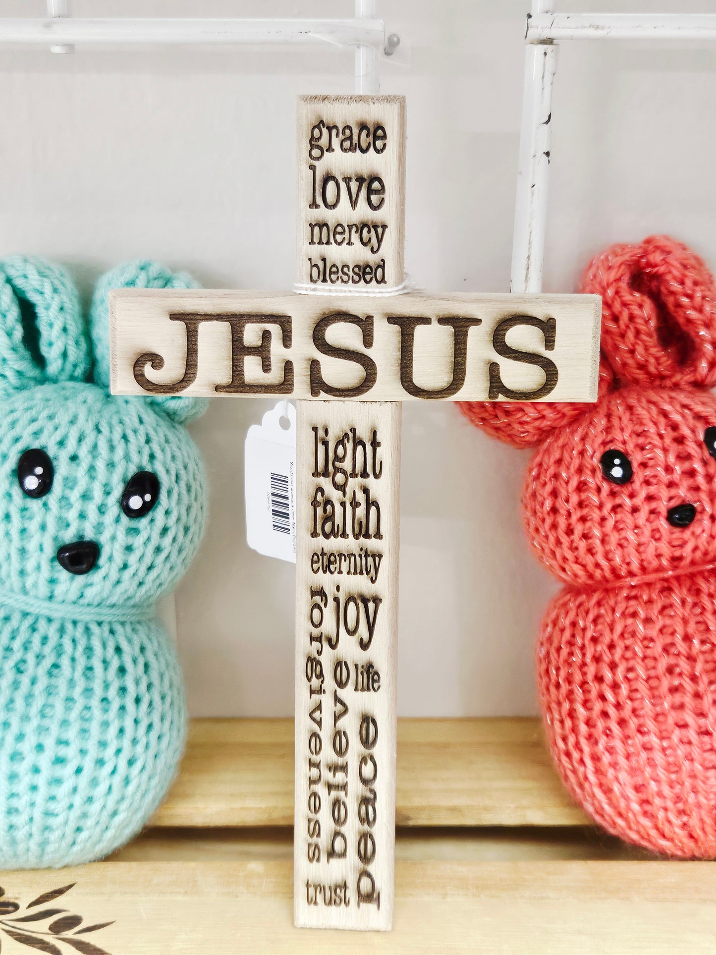 Wood Cross w/Jesus & Other Faith Words Engraved