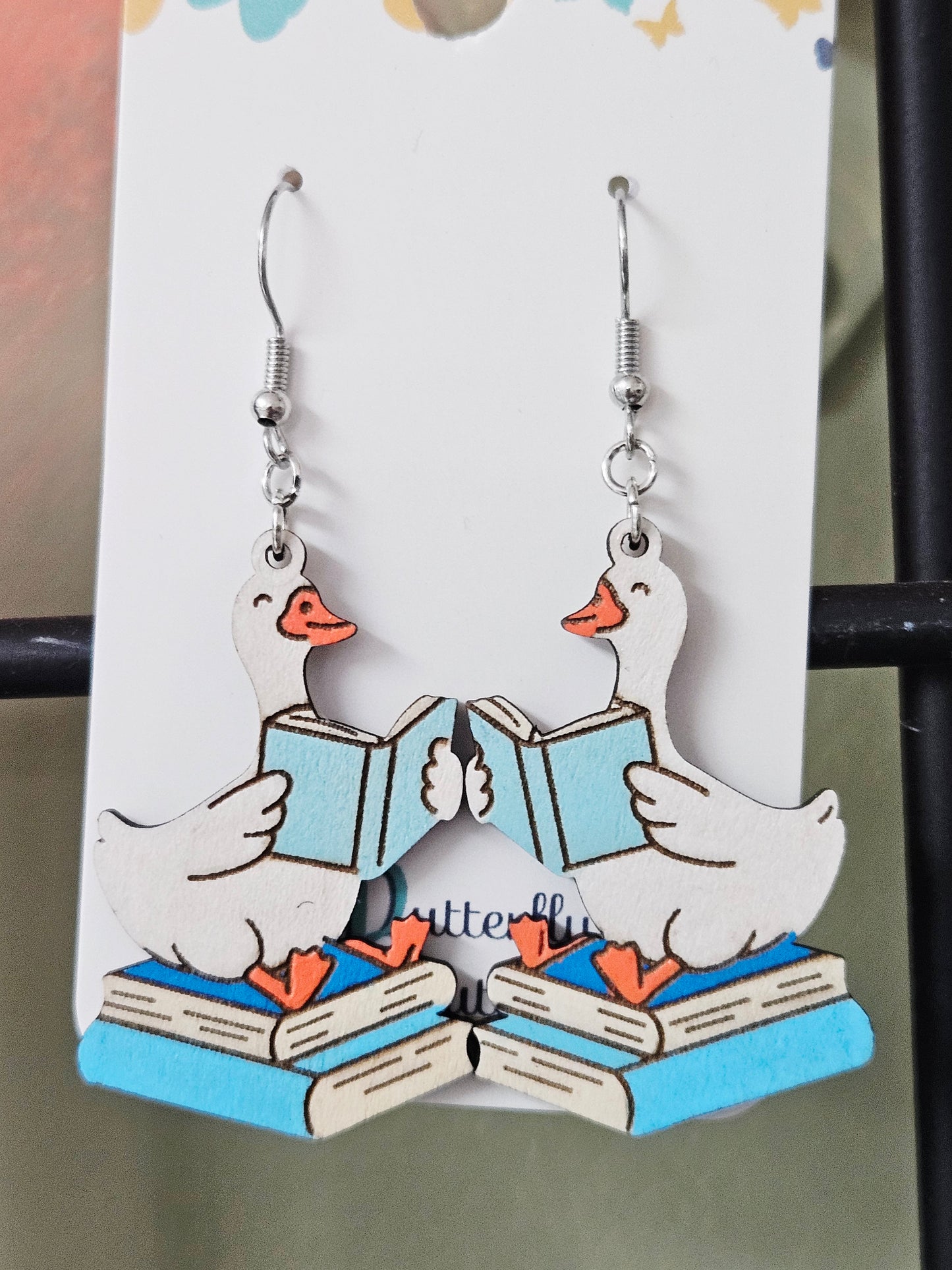Goose Reading on Books Earrings - Blue