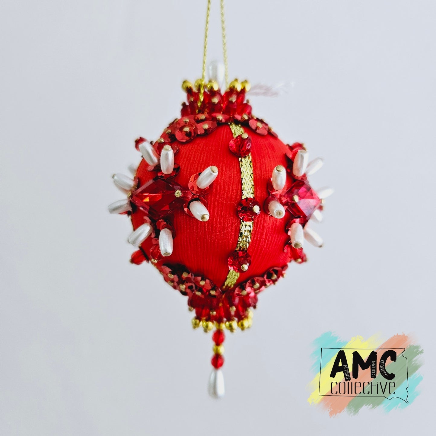 Red Satin Ball Ornament with Red Beads