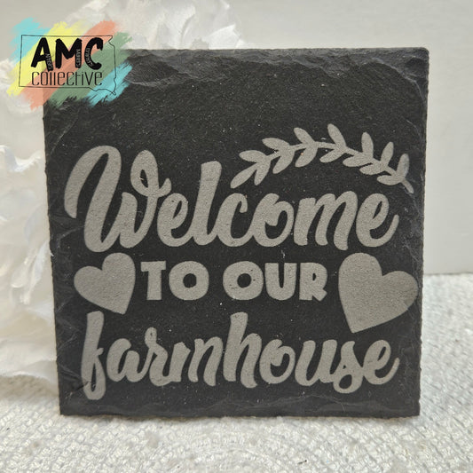 Welcome Farm w/Hearts Engraved Slate Coaster