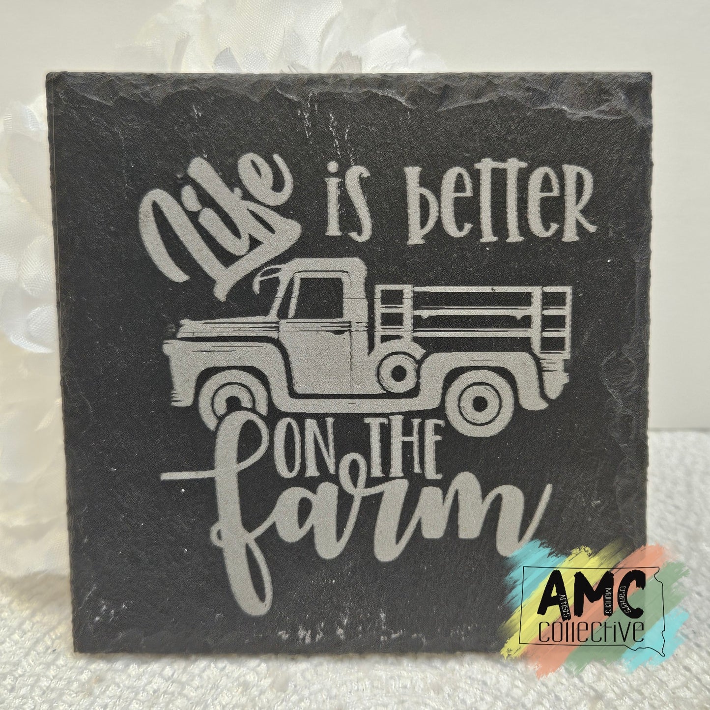 Life Is Better Farm Engraved Slate Coaster