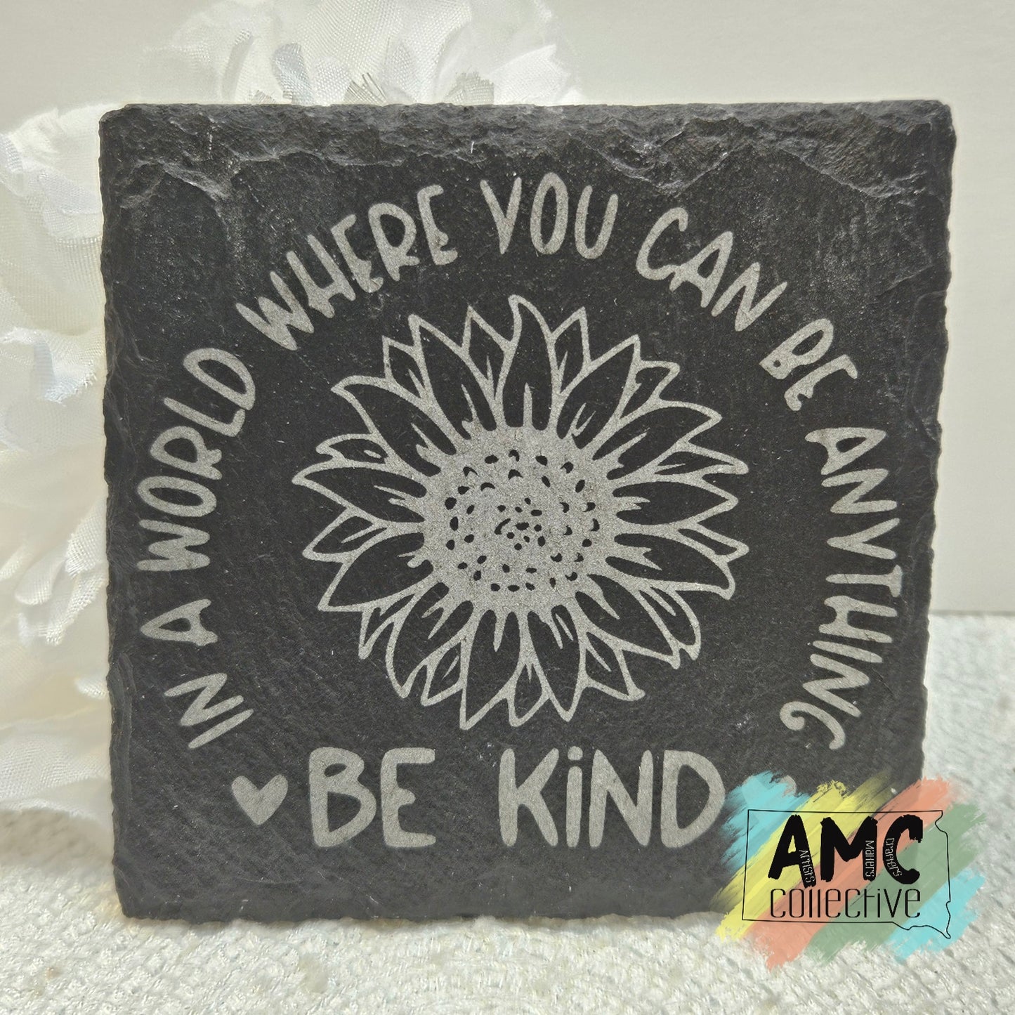 Sunflower Be Kind Engraved Slate Coaster