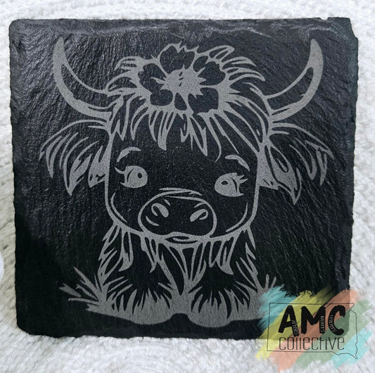Female w/Sunflower Highland Cow Engraved Slate Coaster
