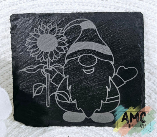 Male Gnome w/Flower Engraved Slate Coaster