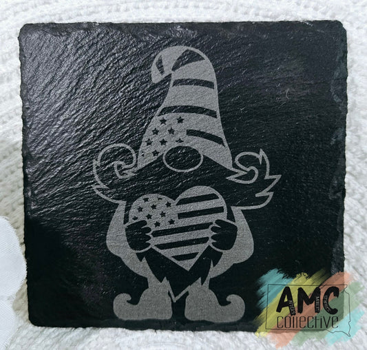 Male Gnome w/Heart Engraved Slate Coaster