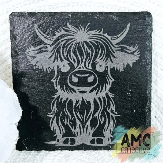 Male Highland Cow Engraved Slate Coaster