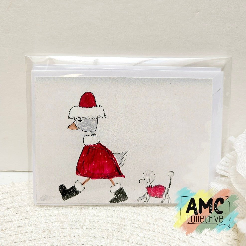 Santa Hat Duck With Dog Hand-Drawn Print Cards