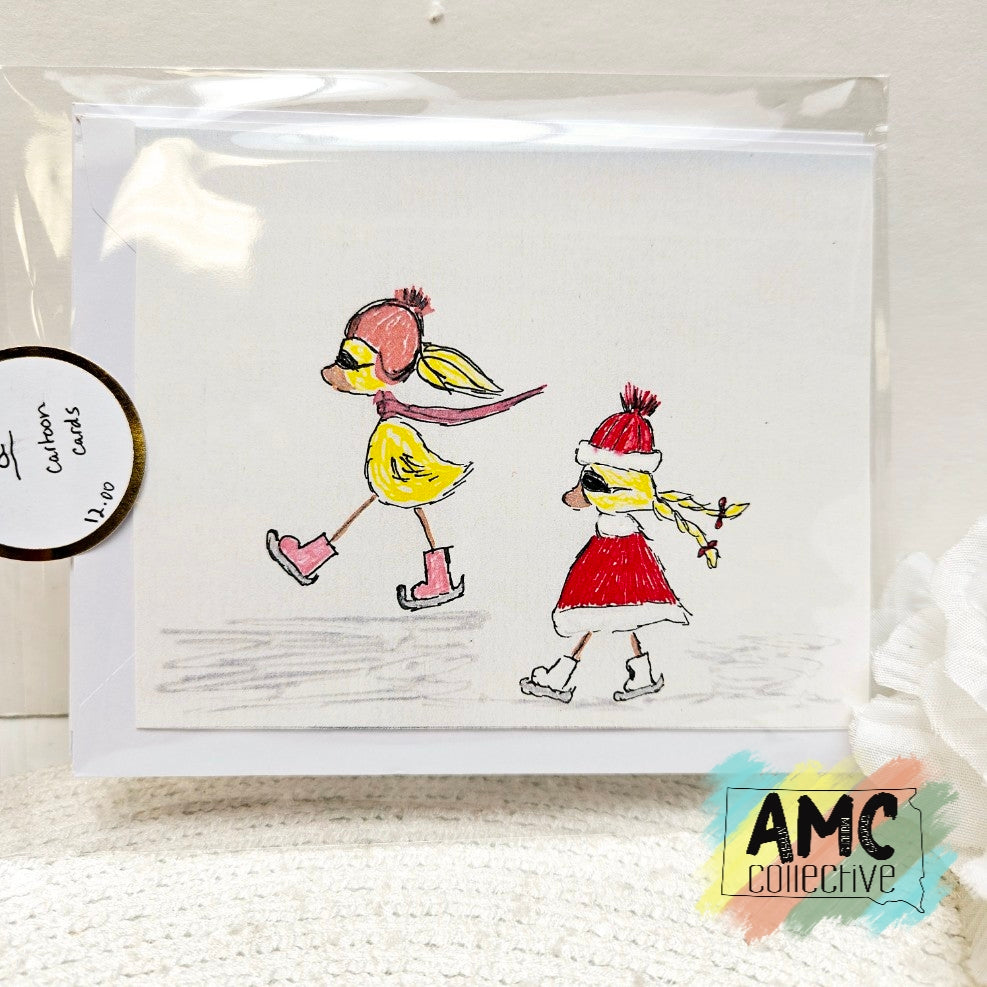 Ice Skating Duck Hand-Drawn Print Cards