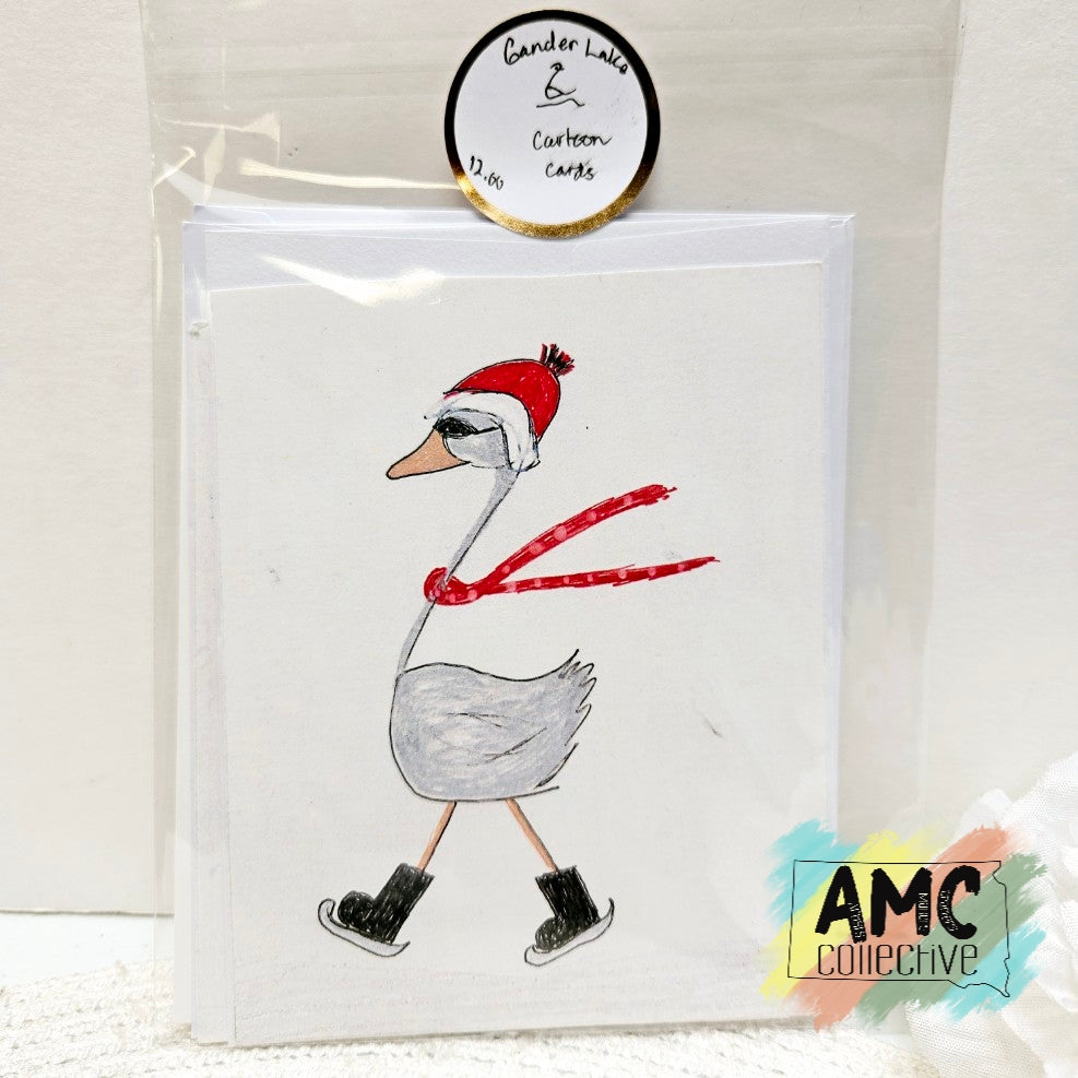Ice Skating Goose Hand-Drawn Print Cards