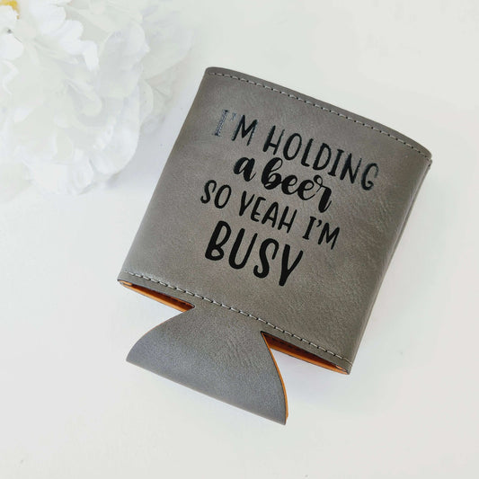 Holding Beer Engraved Leather Cozy