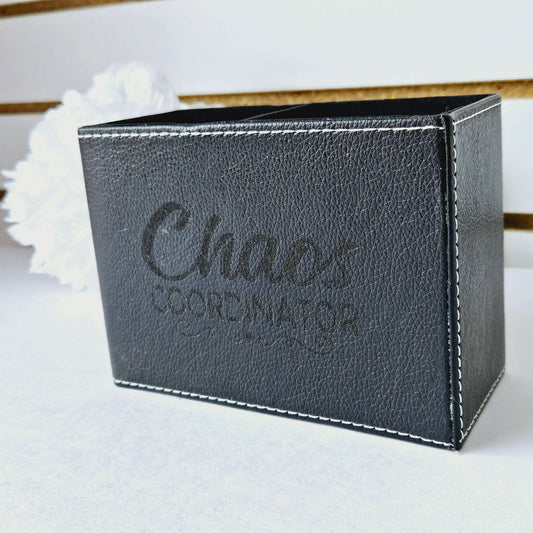 Engraved Leather Pen Cup Black Chaos
