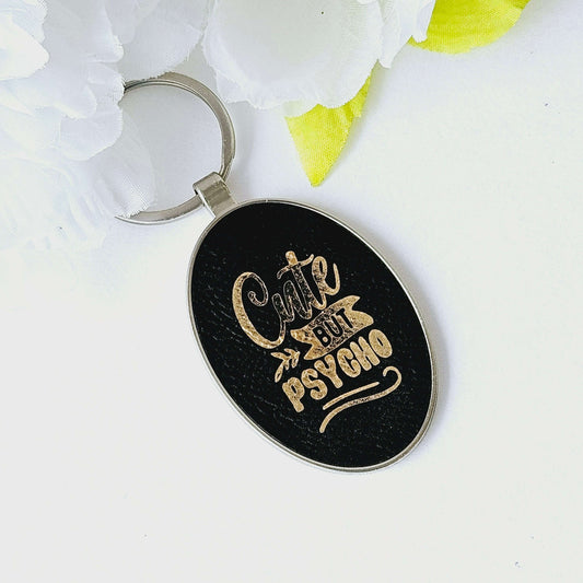Engraved Oval Keychain Black Cute/Psycho