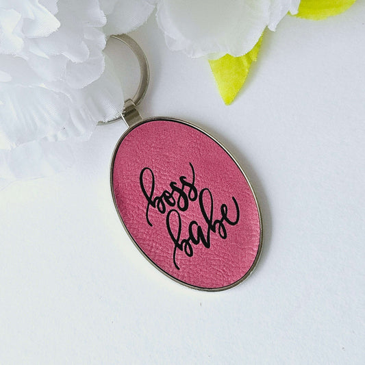 Engraved Oval Keychain Pink Boss Babe