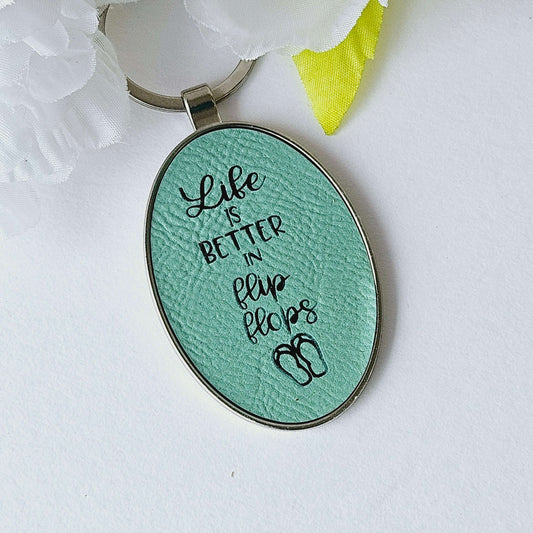 Engraved Oval Keychain Teal Flip Flops