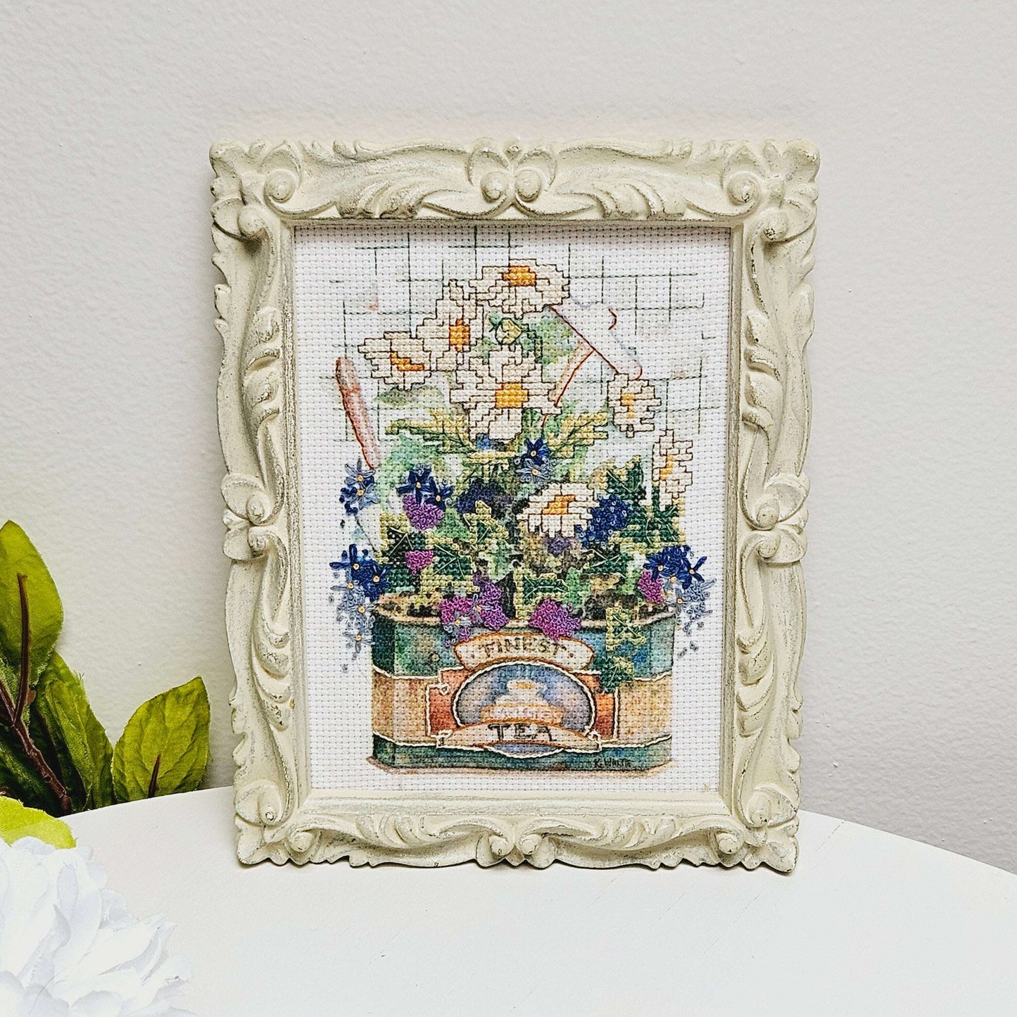 Framed Cross-stitch Flowers in Tea Tin