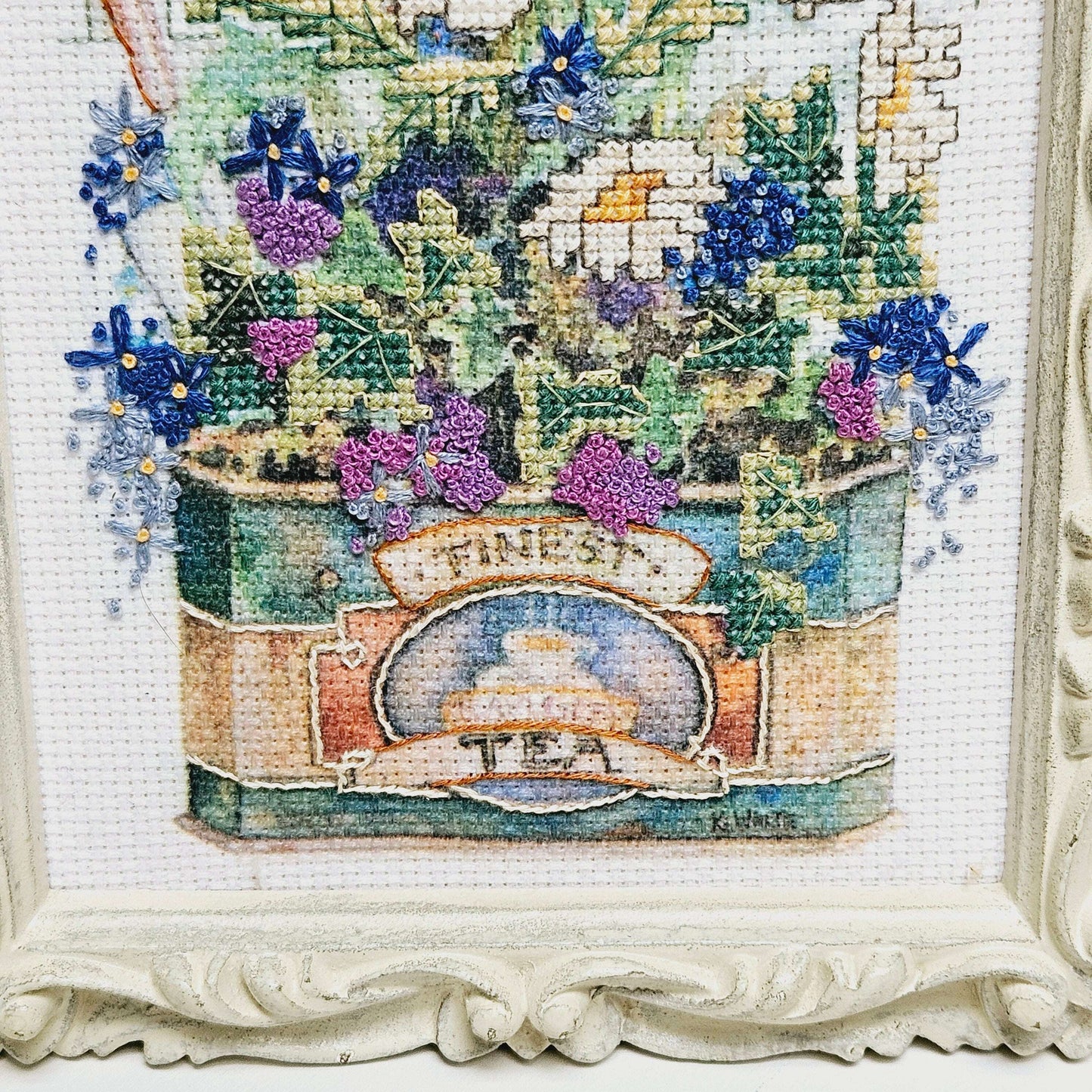 Framed Cross-stitch Flowers in Tea Tin
