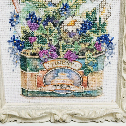 Framed Cross-stitch Flowers in Tea Tin