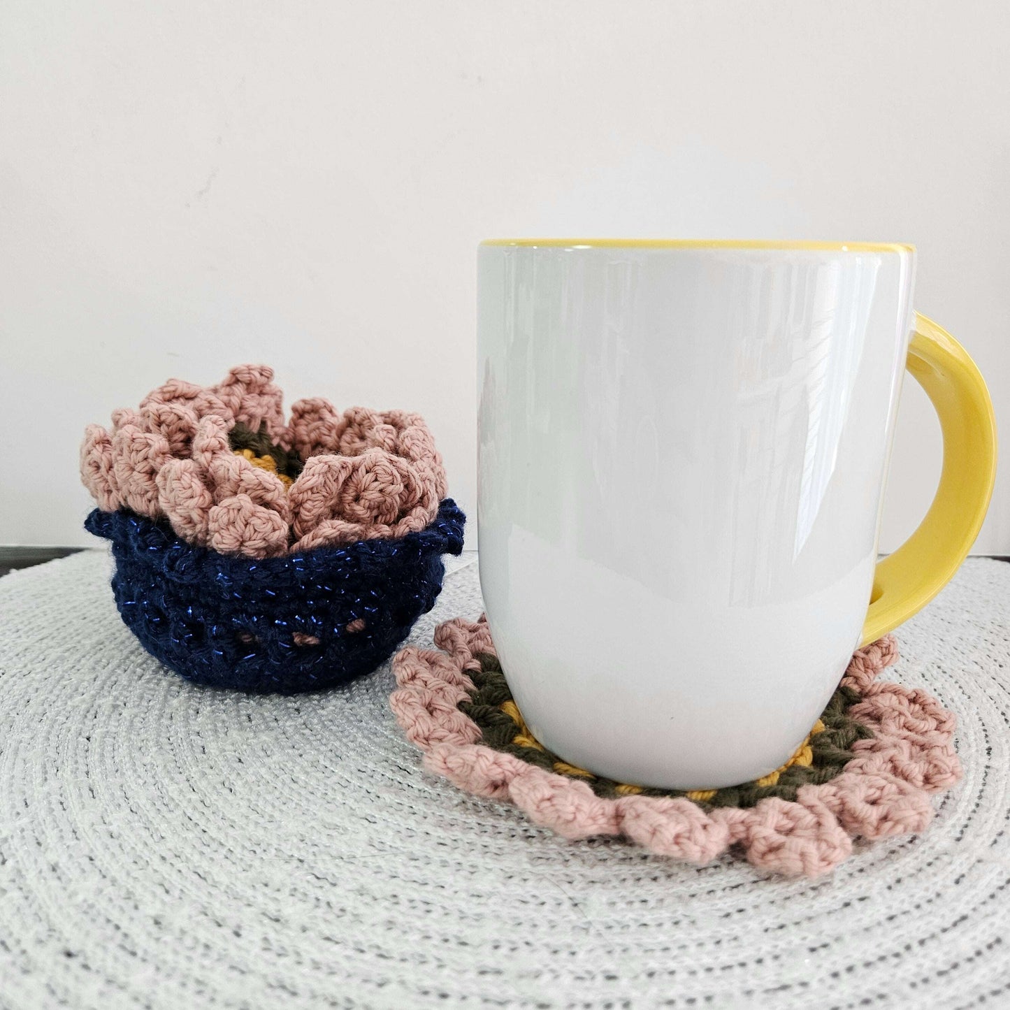 Pink Flower Coaster Set in Blue Sparkle Pot