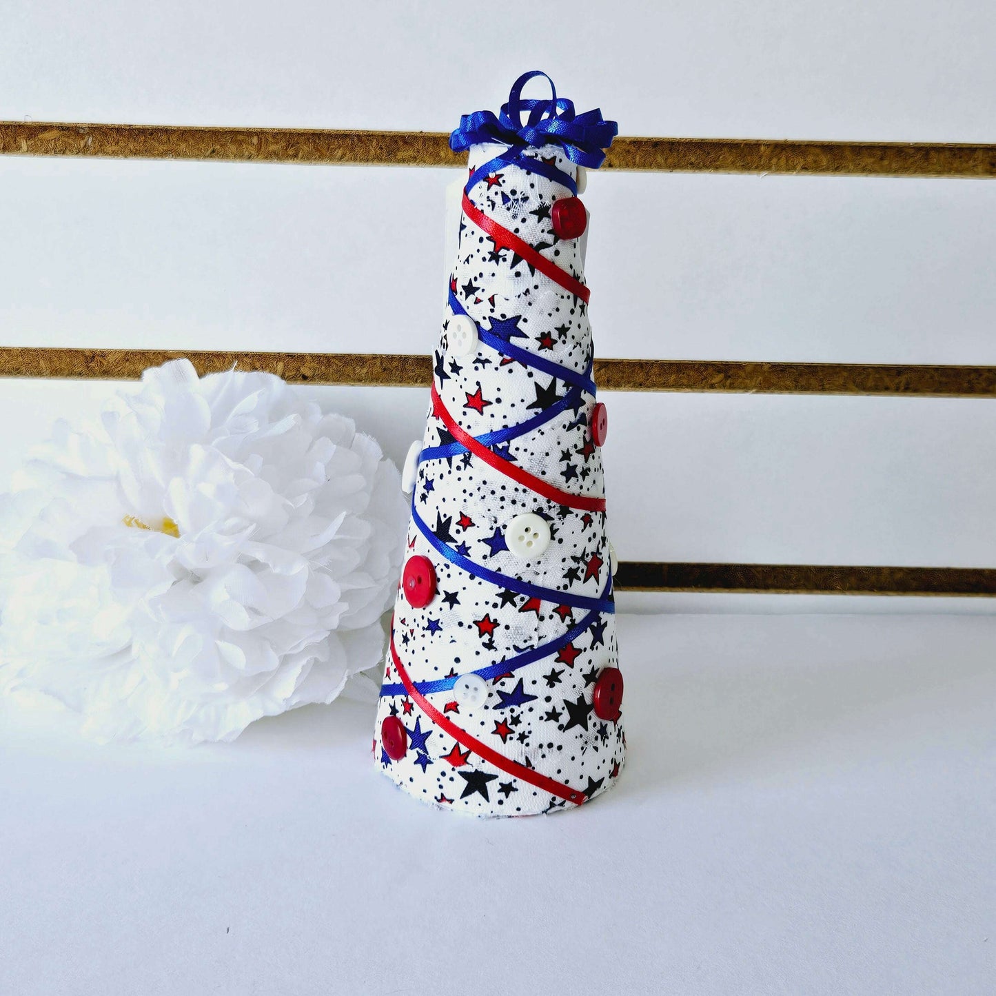 Red, White, and Blue with Buttons Fabric Collage Tree