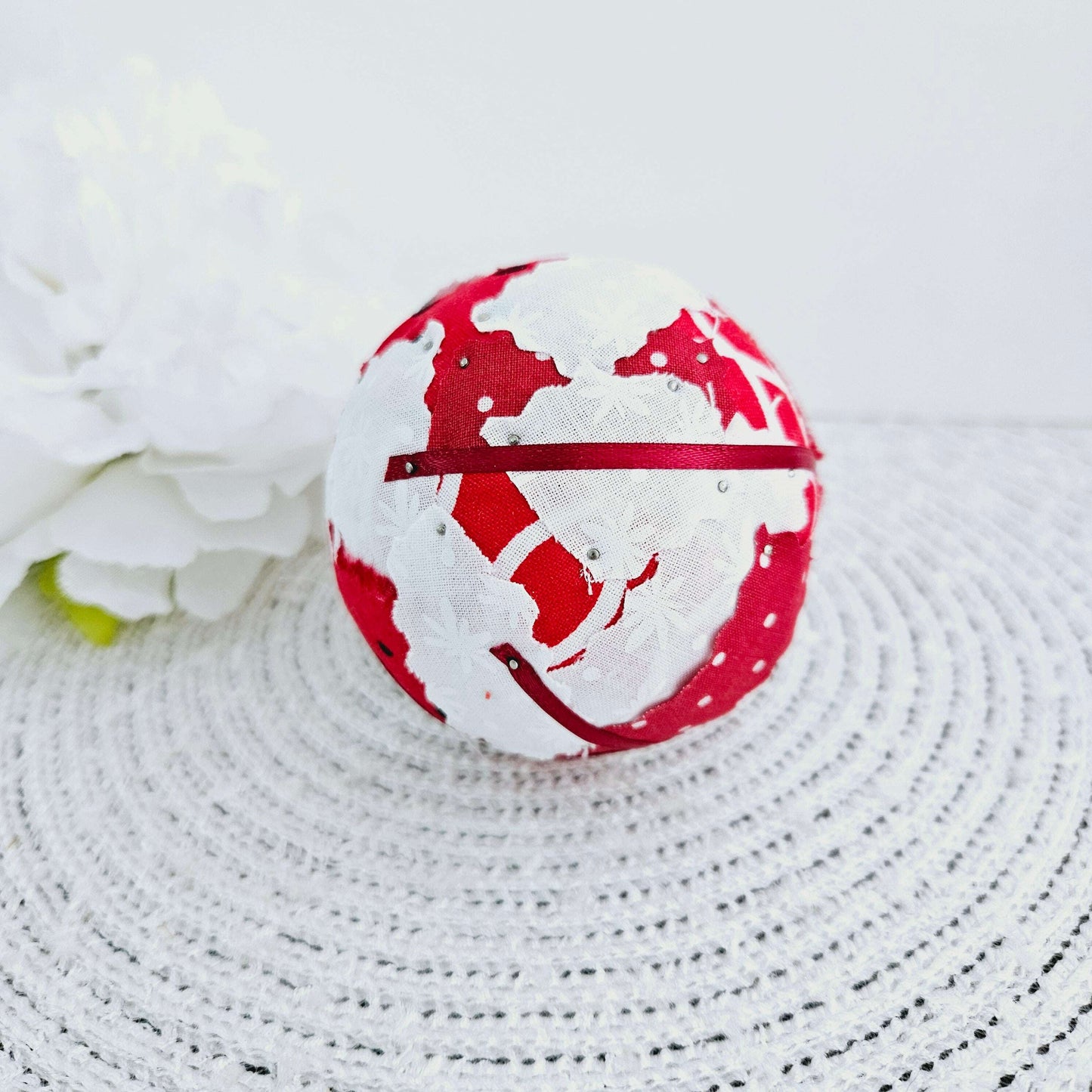 Red/White Collage Fabric Decor Balls - 3 in