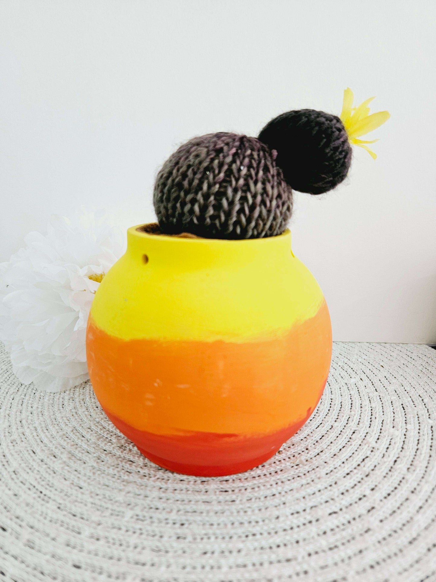 Sunset Pot with Knitted Ball Cactus