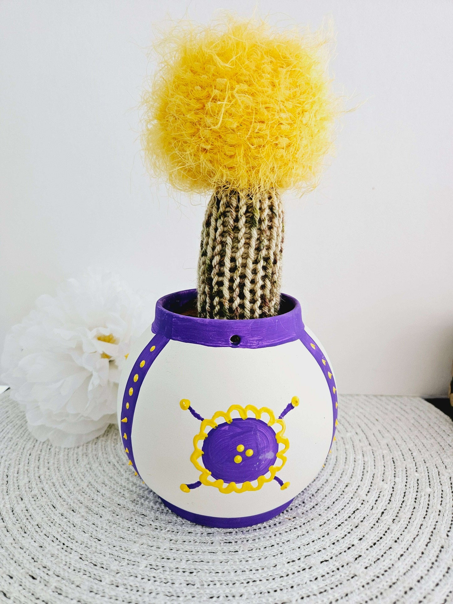 Tall Cactus with Yellow Ball and Purple Pot