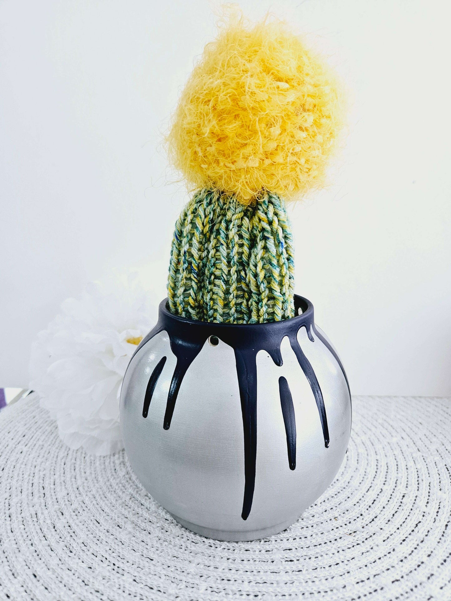 Tall Knitted Triangle Cactus with Blue Drip Pot