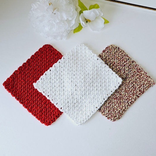 Crochet Dish Cloth - Set 3 Red/White/Tan
