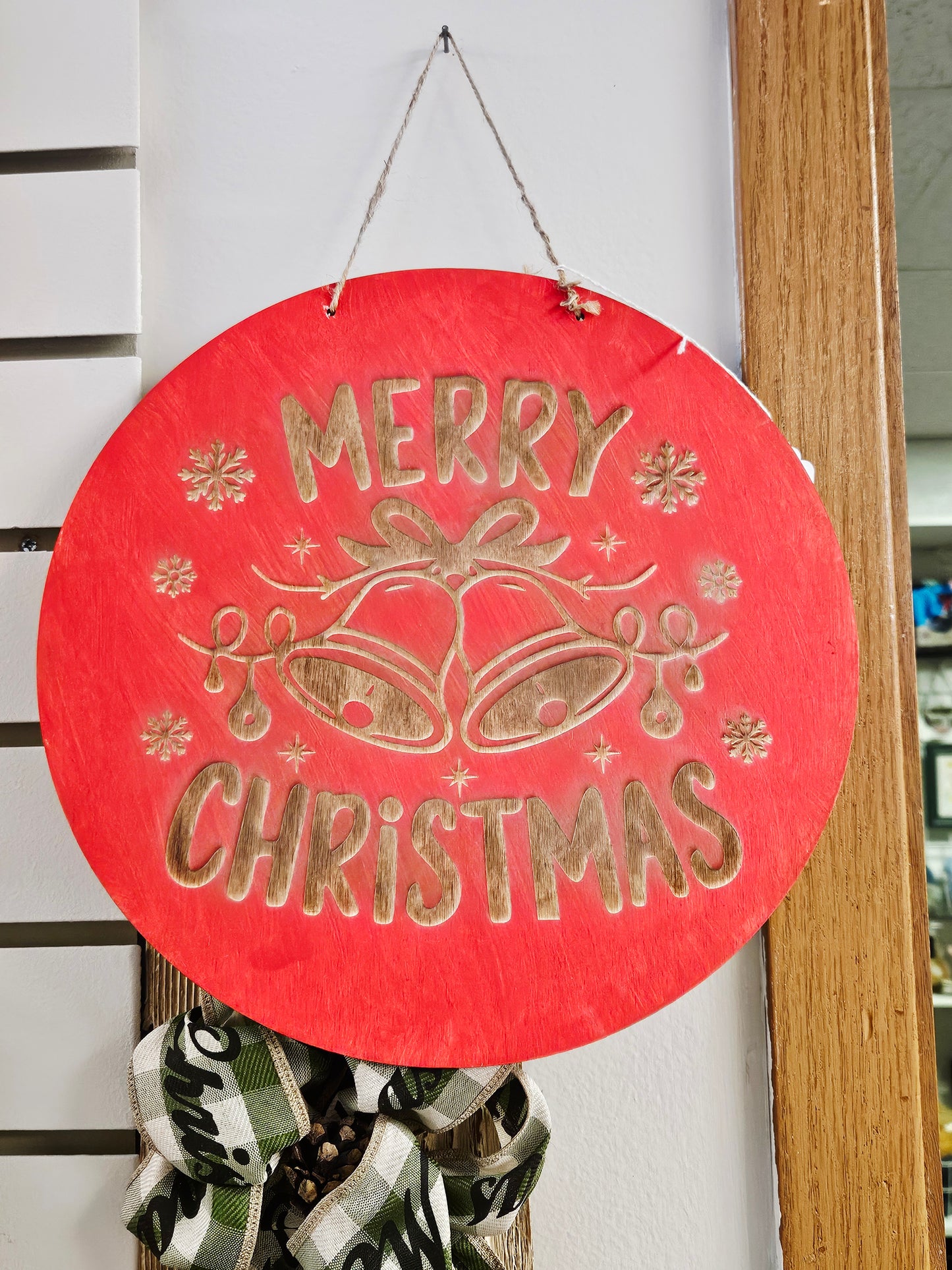 Engraved Merry Christmas Red Round Bell Wood Sign
