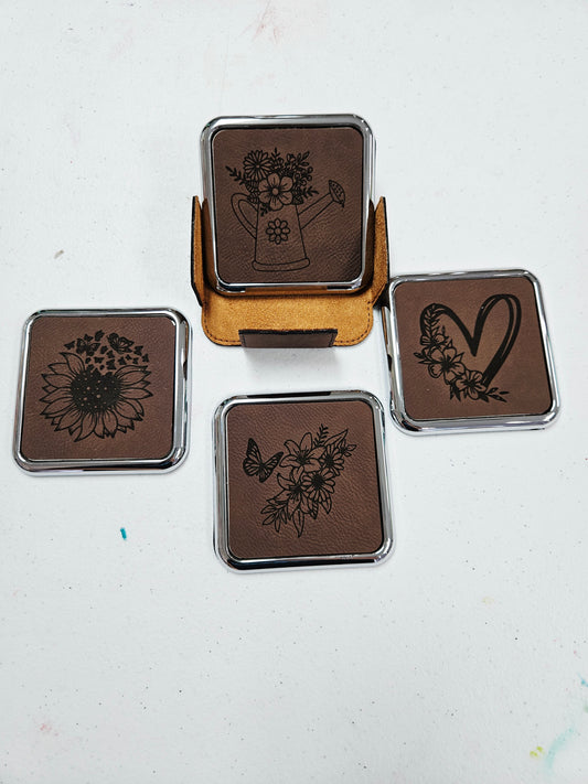 Dark Brown Leather/Metal Flower Coasters