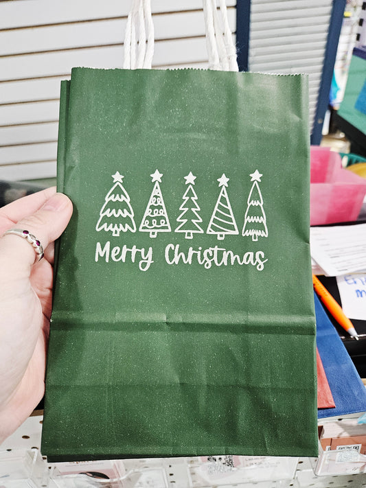 Gift Bag Green Merry Christmas 5 Trees Small
