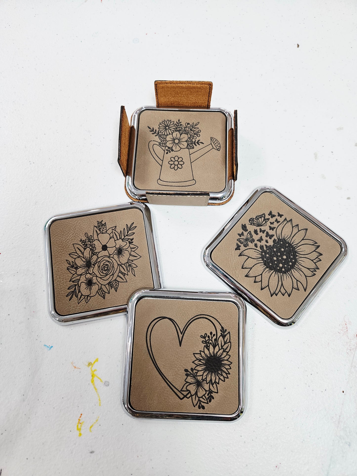 Light Brown Leather/Metal Flower Coasters