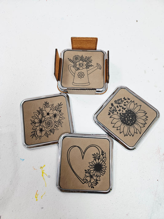 Light Brown Leather/Metal Flower Coasters