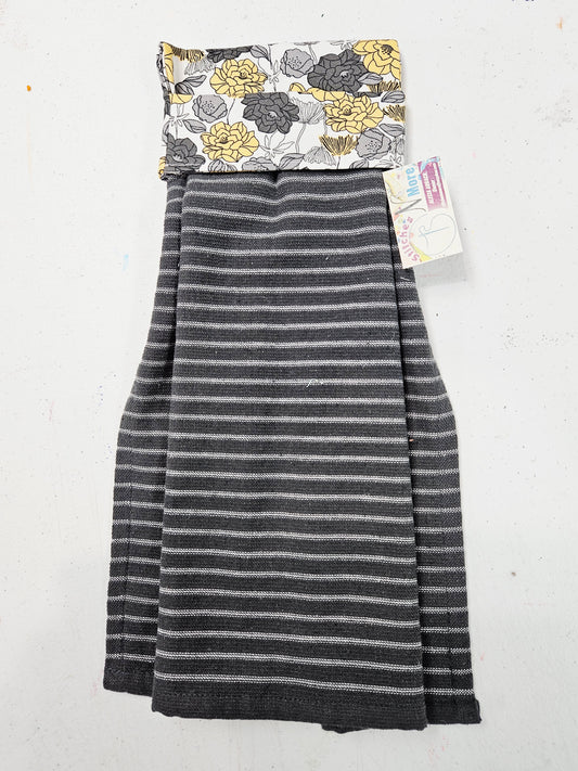 B&W Striped Towel w/Black & Yellow Flowers