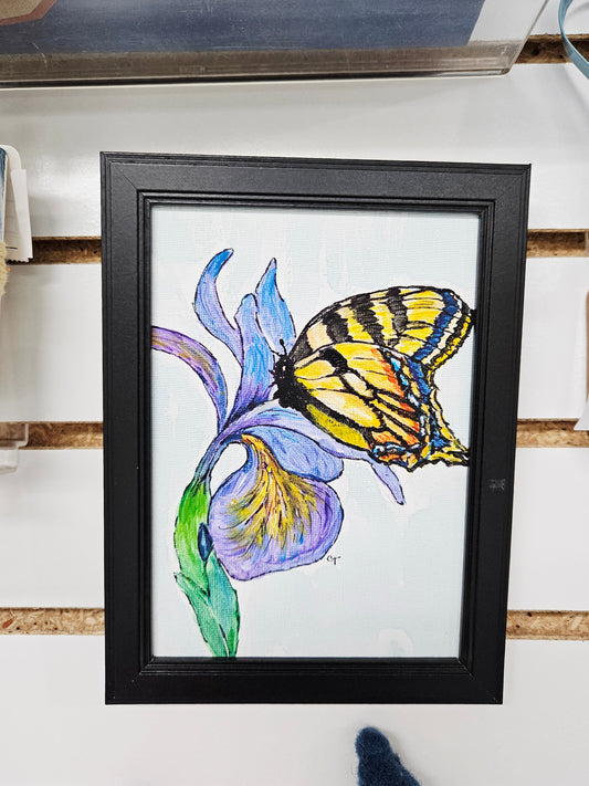 Framed Butterfly & Flower Painting